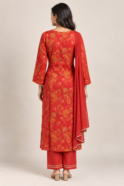 Royal Red & Gold Printed Kurta Trouser Set