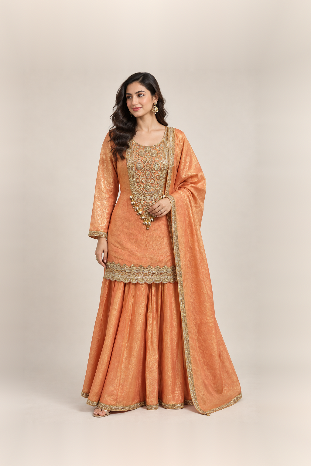 Peach Orange Embroidered Sharara Suit Set