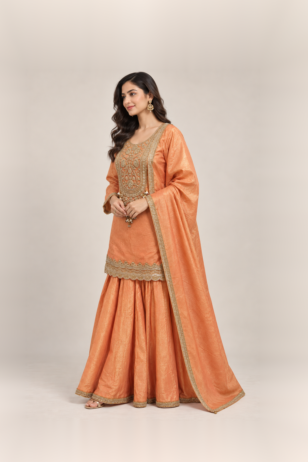 Peach Orange Embroidered Sharara Suit Set
