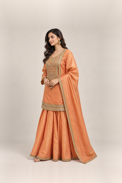 Peach Orange Embroidered Sharara Suit Set
