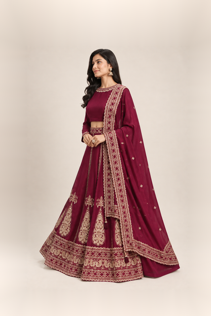 Wine Maroon & Gold Heritage Lehenga Set