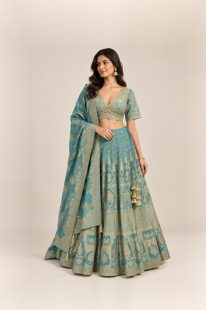 Teal Blue & Gold Regal Brocade Lehenga Set