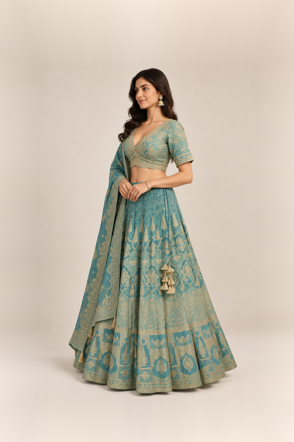 Teal Blue & Gold Regal Brocade Lehenga Set