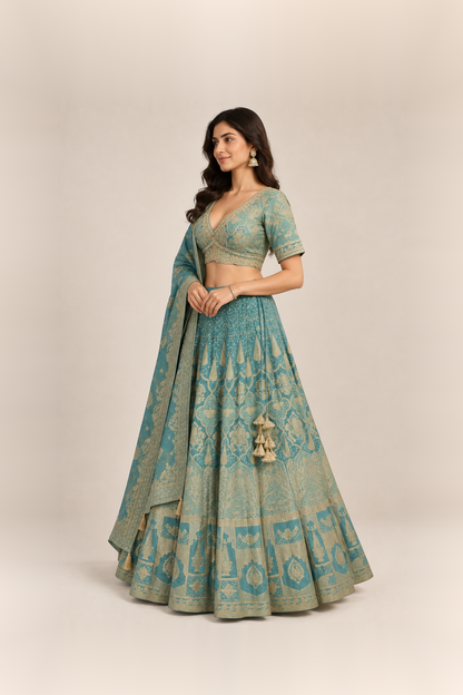 Teal Blue & Gold Regal Brocade Lehenga Set