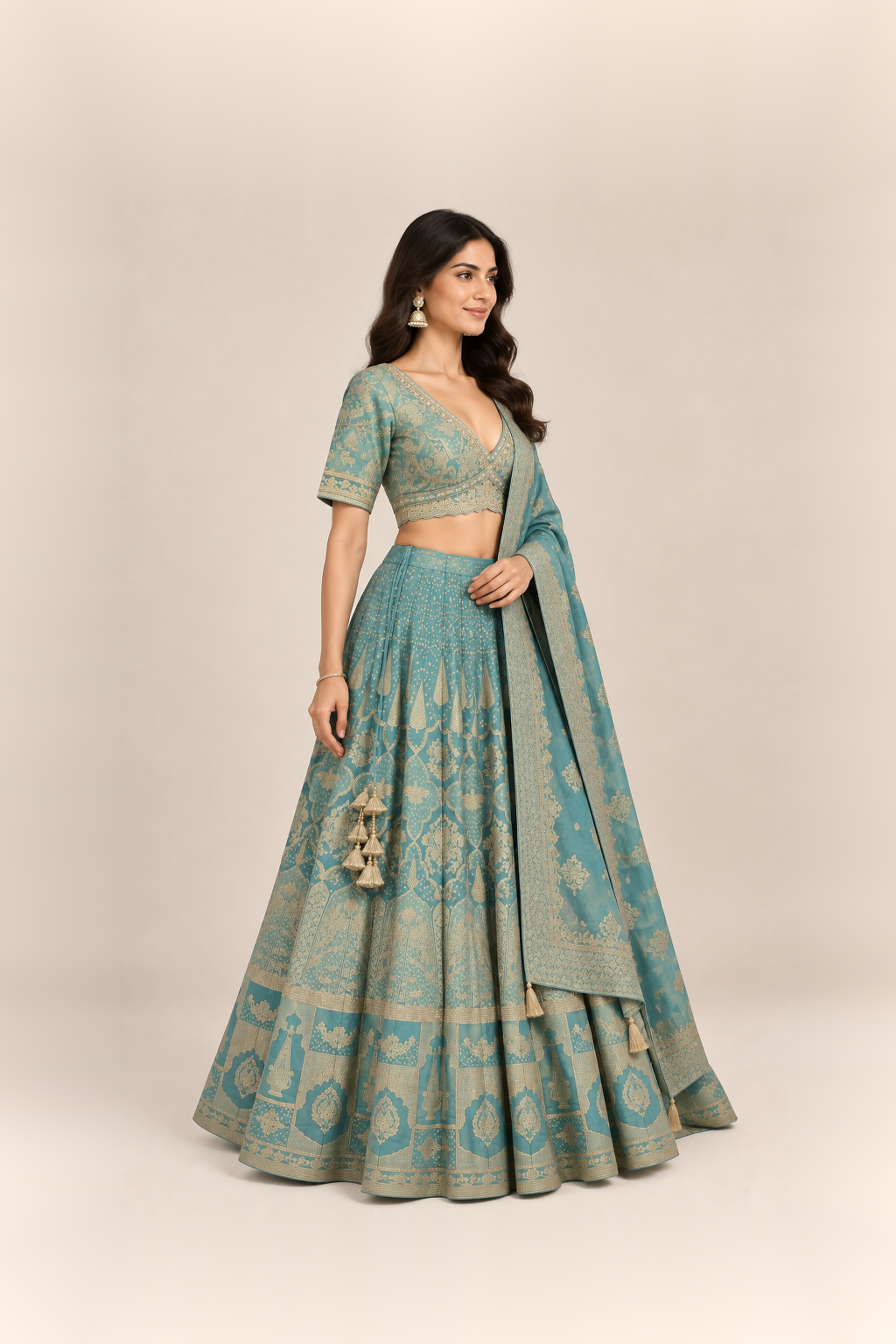 Teal Blue & Gold Regal Brocade Lehenga Set