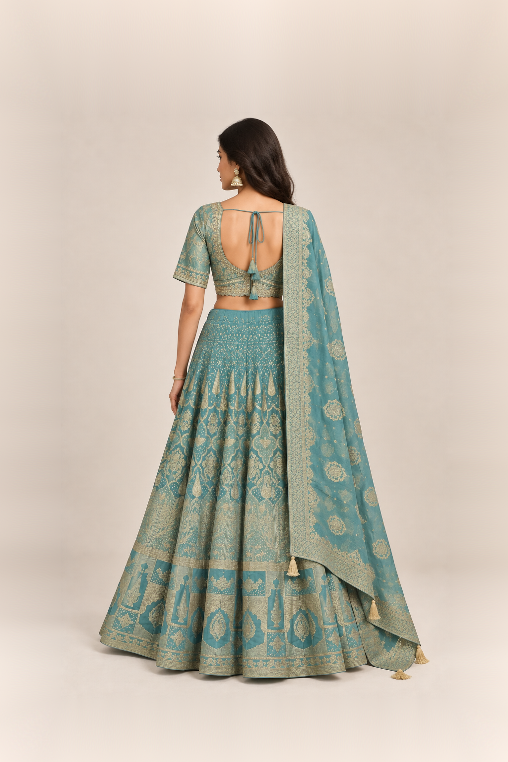 Teal Blue & Gold Regal Brocade Lehenga Set
