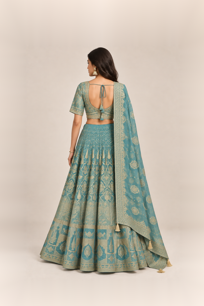 Teal Blue & Gold Regal Brocade Lehenga Set