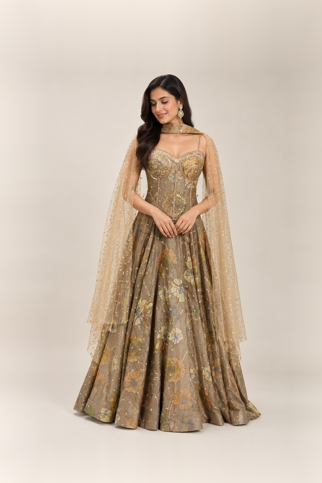 Mushroom Taupe & Gold Floral Couture Lehenga Set
