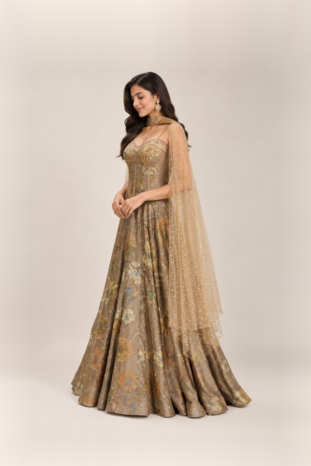 Mushroom Taupe & Gold Floral Couture Lehenga Set