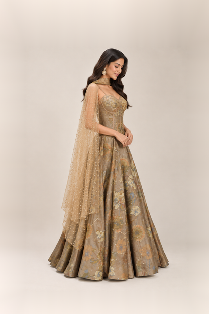Mushroom Taupe & Gold Floral Couture Lehenga Set