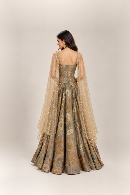 Mushroom Taupe & Gold Floral Couture Lehenga Set