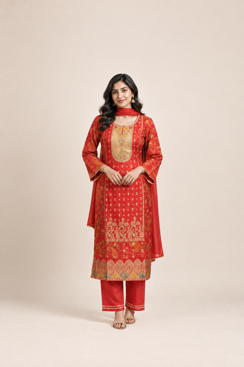 Royal Red & Gold Printed Kurta Trouser Set
