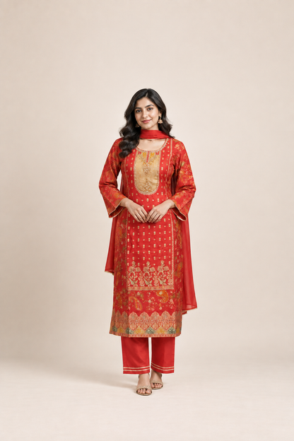 Royal Red & Gold Printed Kurta Trouser Set