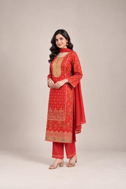 Royal Red & Gold Printed Kurta Trouser Set