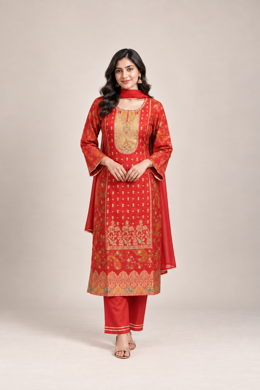 Royal Red & Gold Printed Kurta Trouser Set