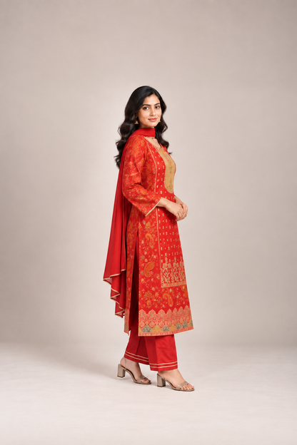 Royal Red & Gold Printed Kurta Trouser Set