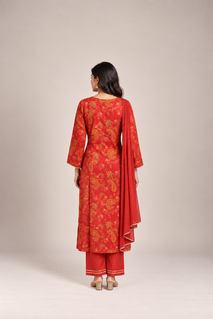 Royal Red & Gold Printed Kurta Trouser Set