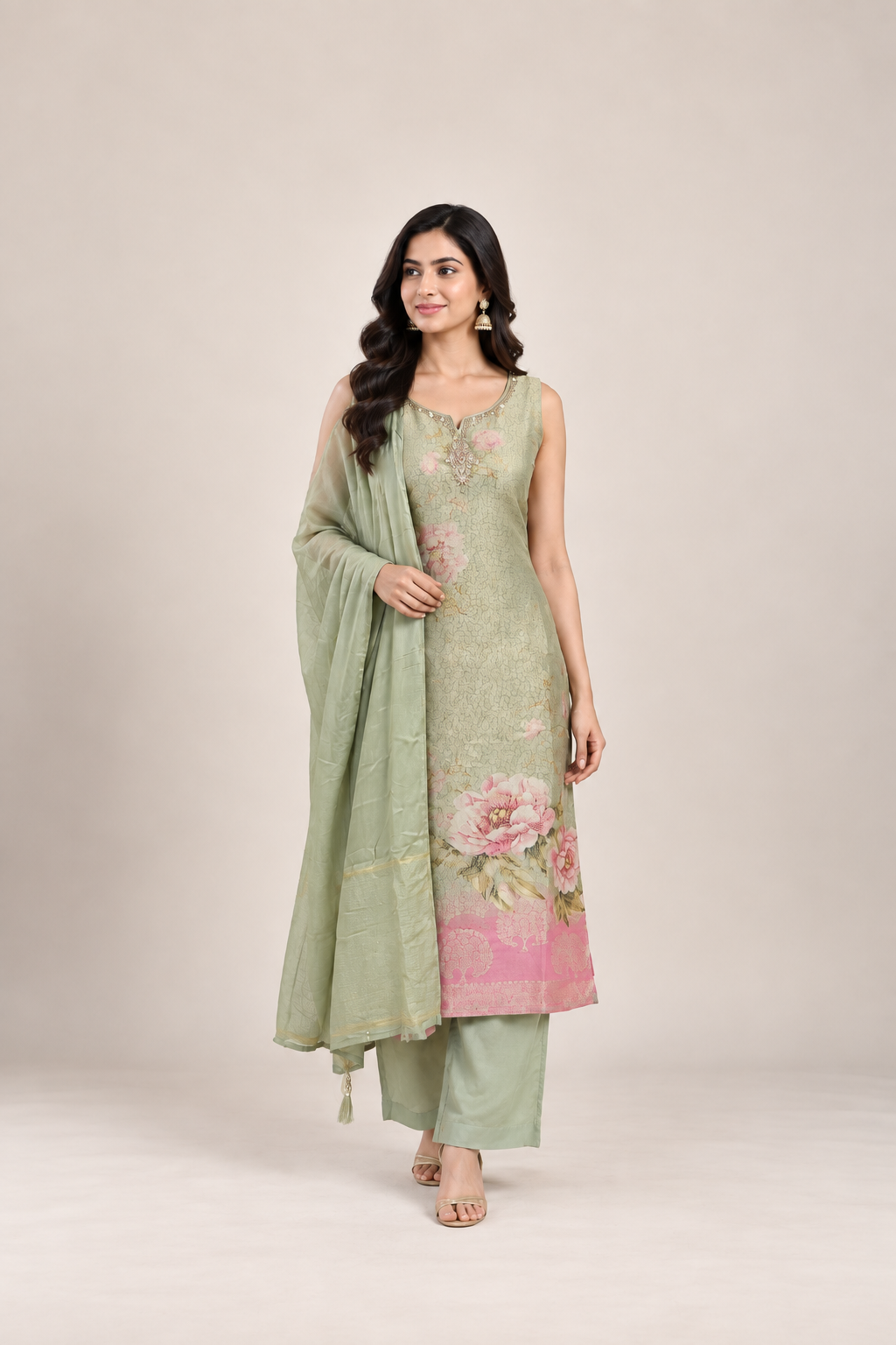 Sage Green & Blush Floral Embroidered Suit Set