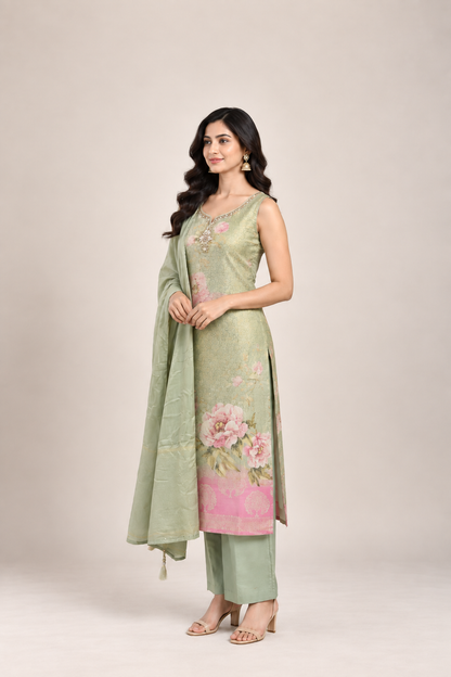 Sage Green & Blush Floral Embroidered Suit Set