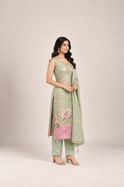 Sage Green & Blush Floral Embroidered Suit Set