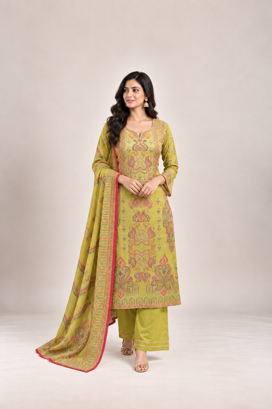 Lime Green & Rani Pink Printed Suit Set