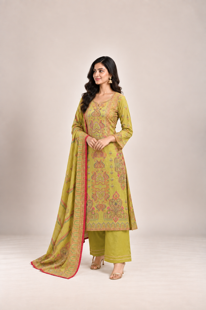 Lime Green & Rani Pink Printed Suit Set