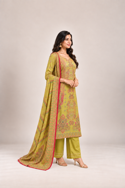 Lime Green & Rani Pink Printed Suit Set