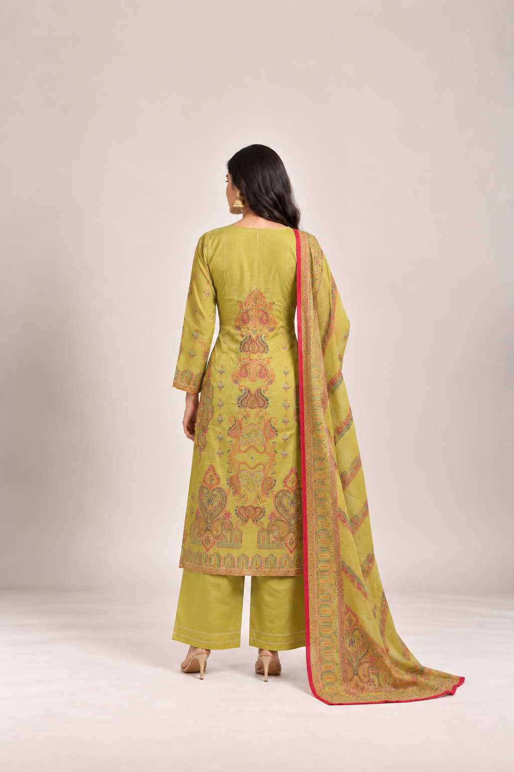 Lime Green & Rani Pink Printed Suit Set