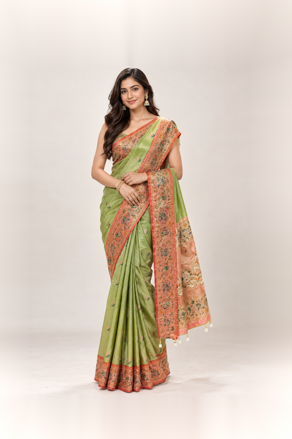 Parrot Green & Peach Embroidered Silk Saree