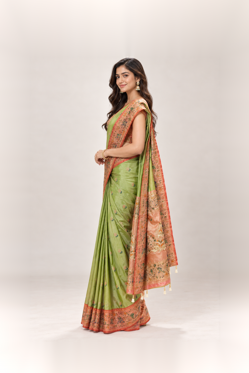 Parrot Green & Peach Embroidered Silk Saree