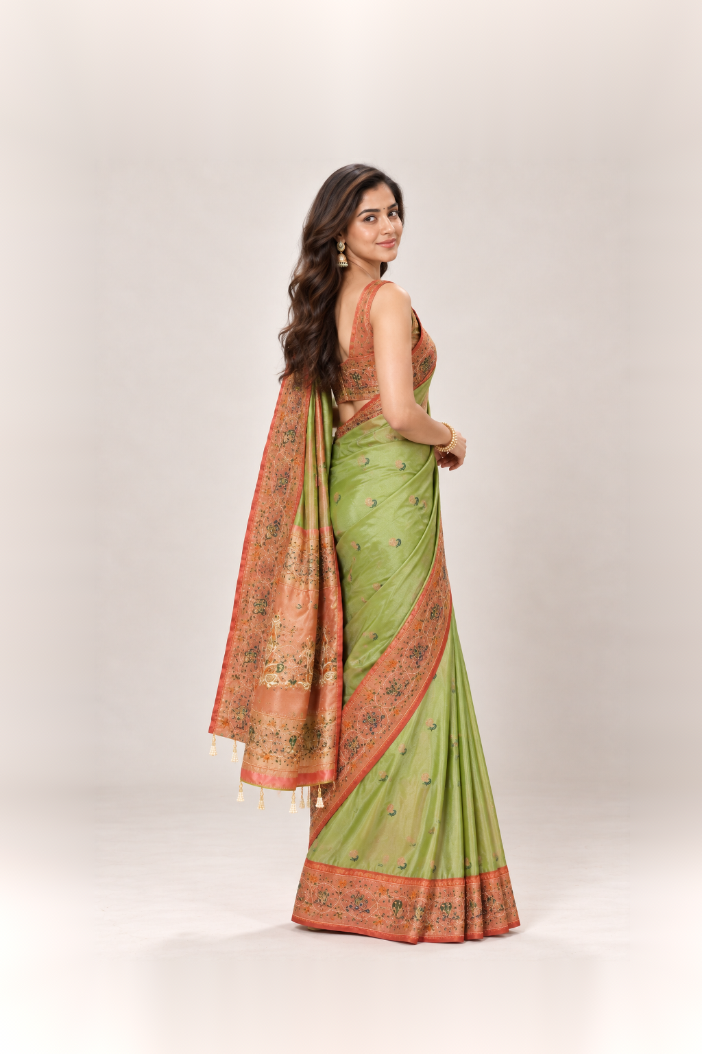 Parrot Green & Peach Embroidered Silk Saree