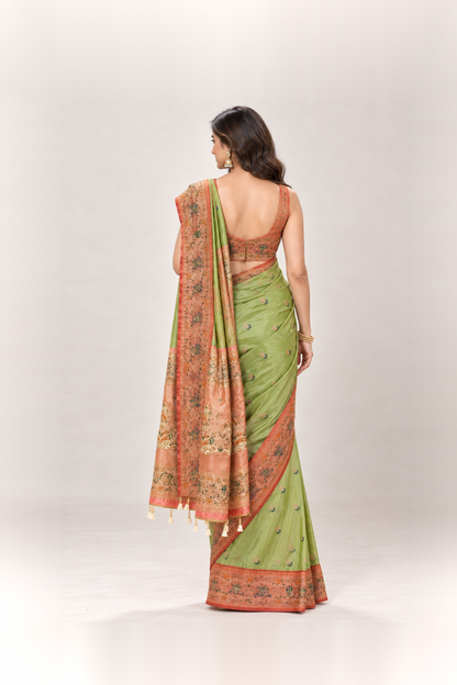 Parrot Green & Peach Embroidered Silk Saree
