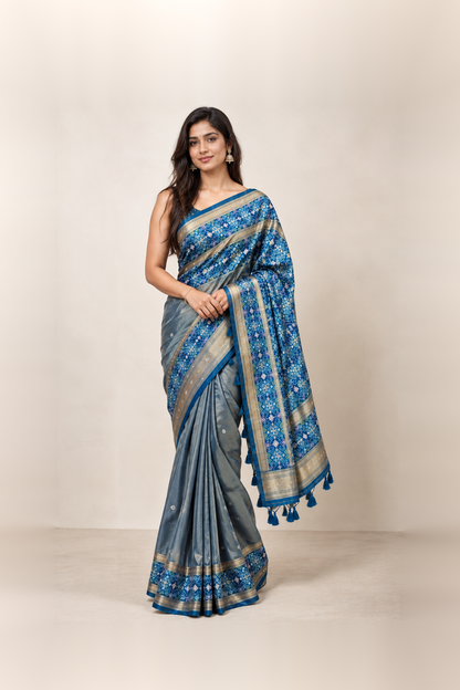 Royal Blue & Grey Silk Brocade Saree
