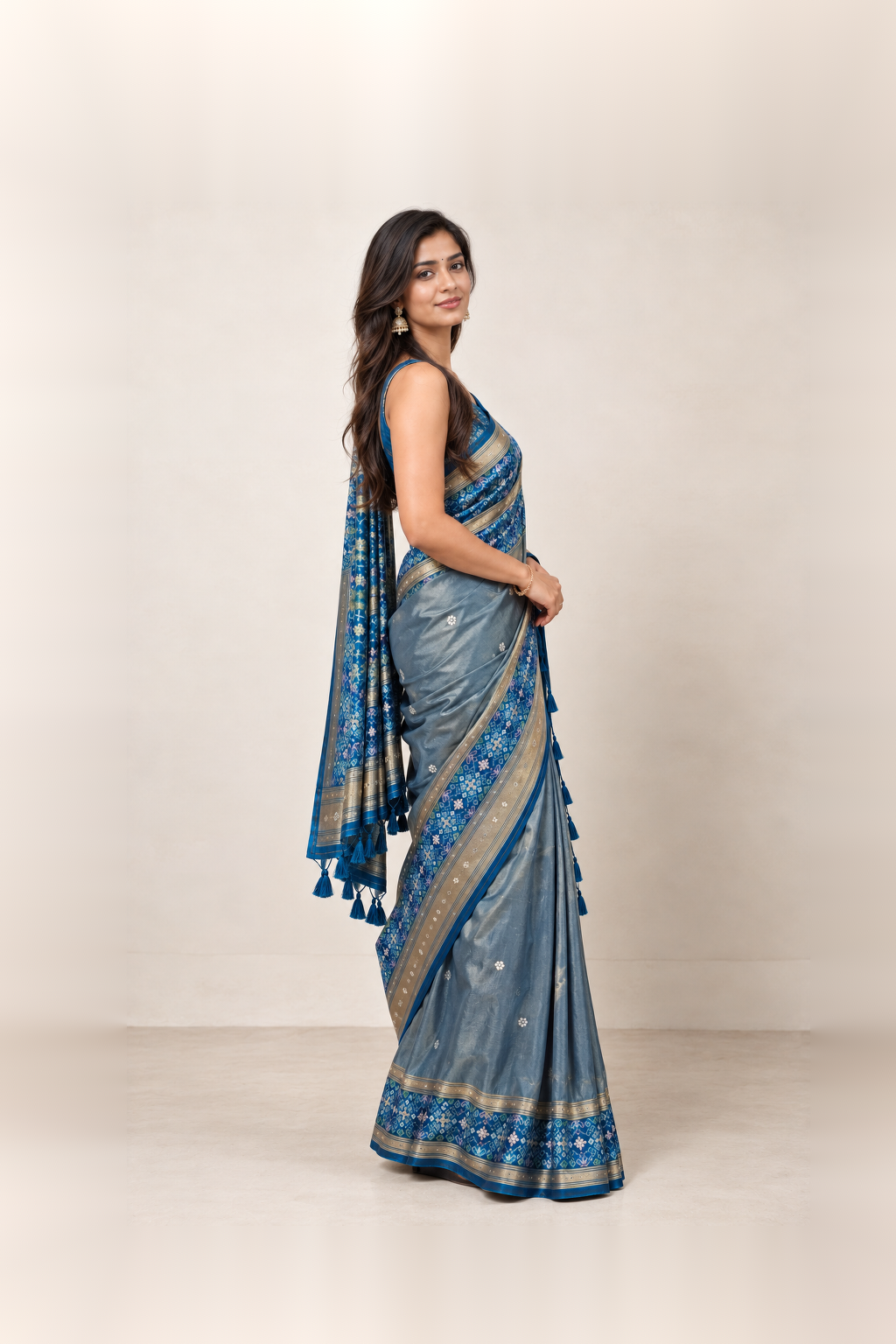 Royal Blue & Grey Silk Brocade Saree
