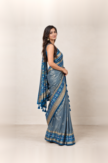 Royal Blue & Grey Silk Brocade Saree