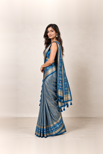 Royal Blue & Grey Silk Brocade Saree