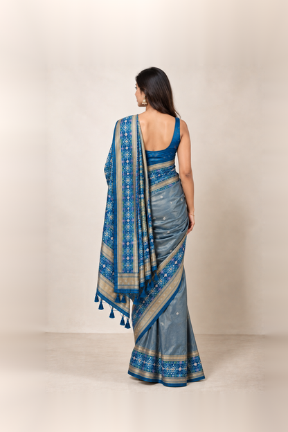 Royal Blue & Grey Silk Brocade Saree