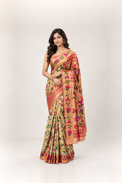 Peach Gold & Multicolour Floral Printed Silk Saree