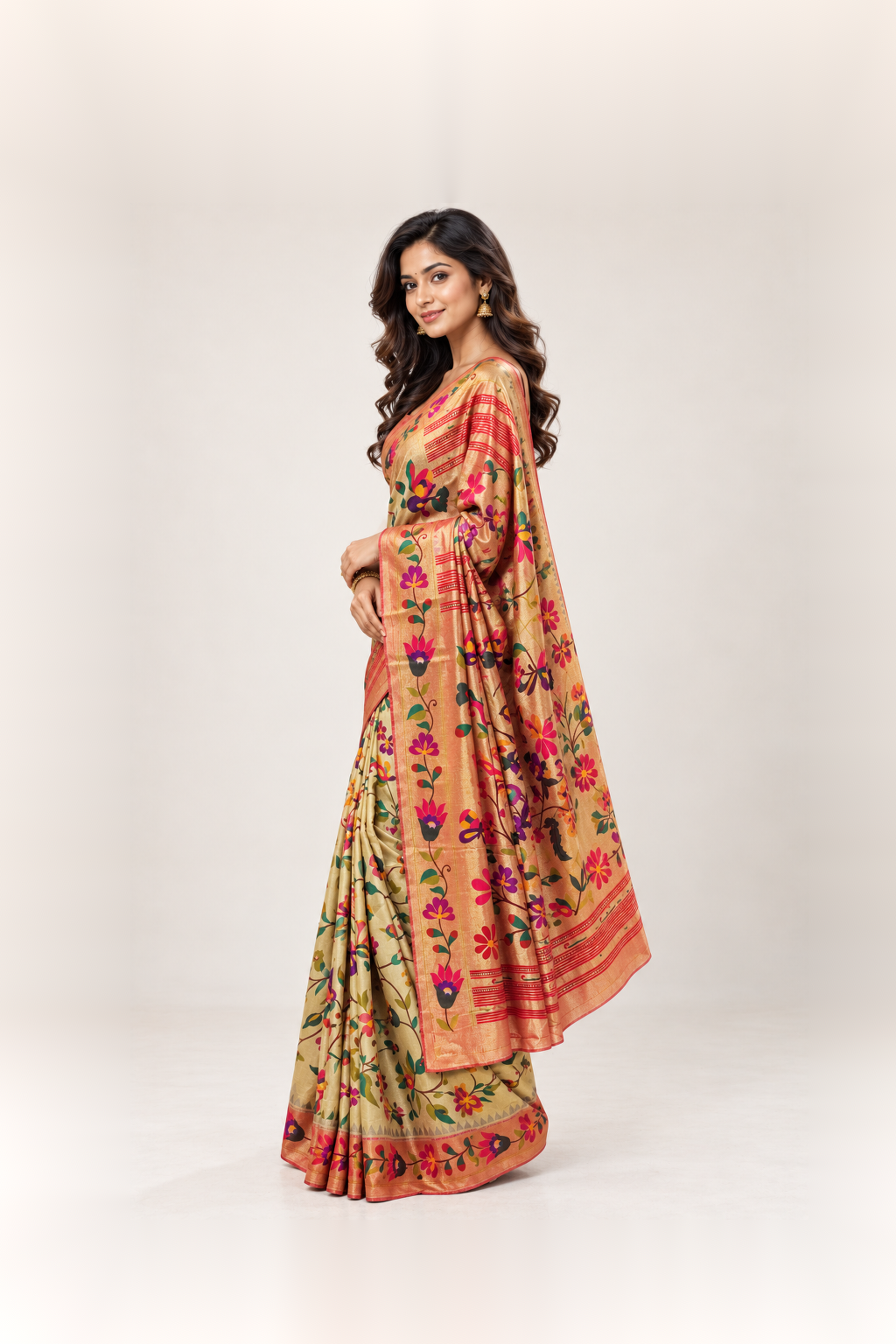 Peach Gold & Multicolour Floral Printed Silk Saree