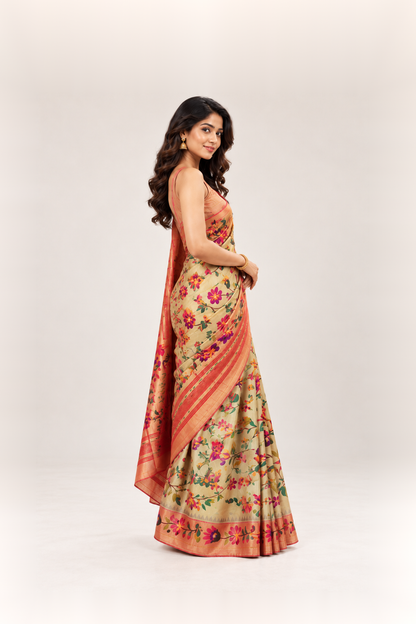 Peach Gold & Multicolour Floral Printed Silk Saree