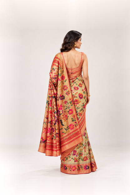 Peach Gold & Multicolour Floral Printed Silk Saree