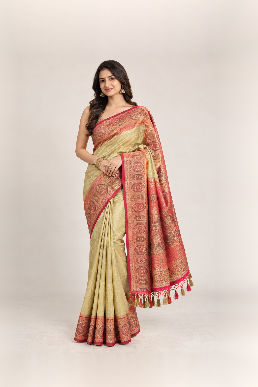 Coral Red & Antique Gold Ajrakh-Inspired Silk Saree