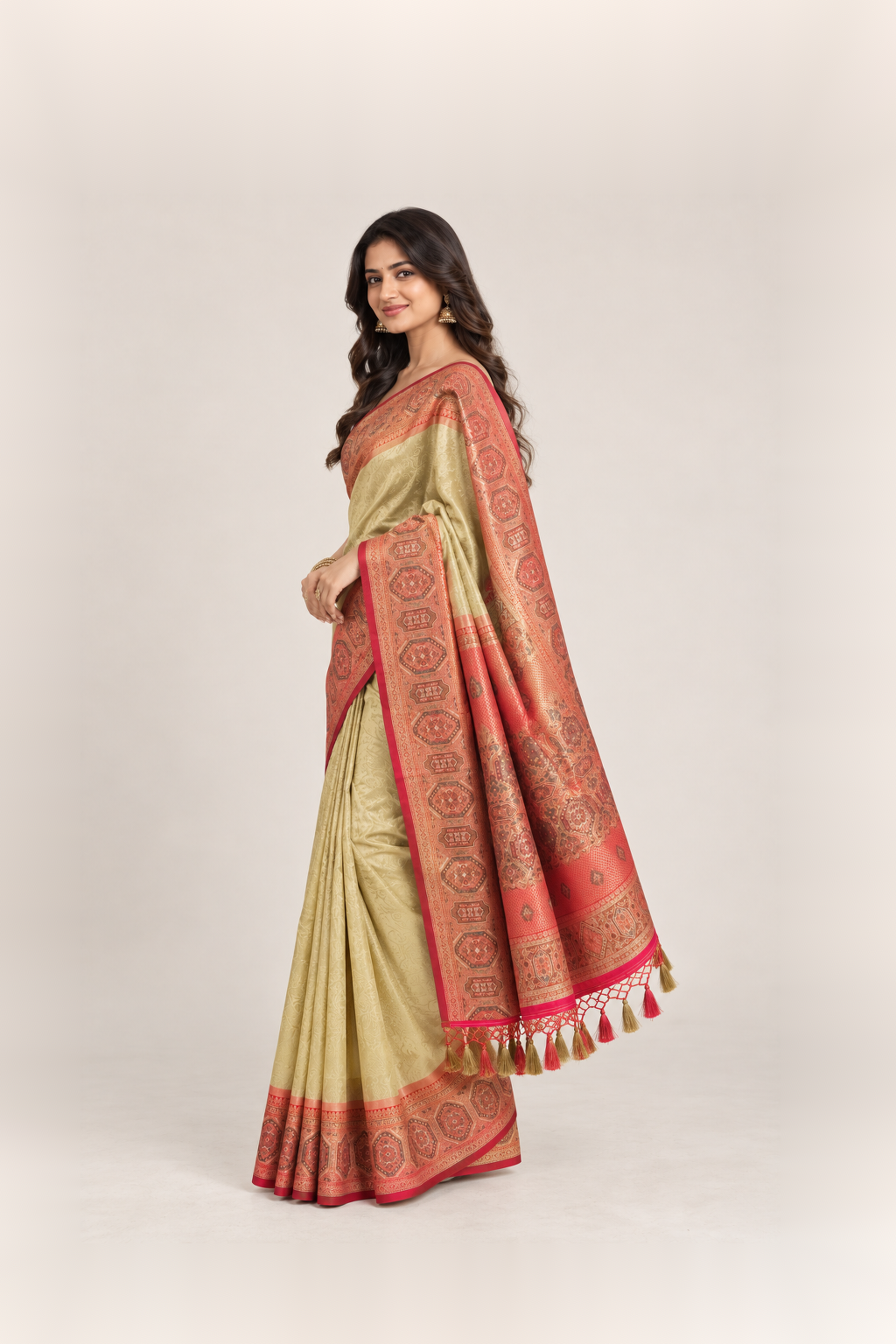 Coral Red & Antique Gold Ajrakh-Inspired Silk Saree