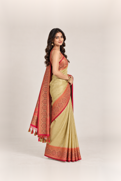 Coral Red & Antique Gold Ajrakh-Inspired Silk Saree