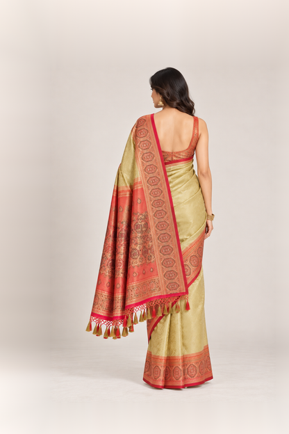 Coral Red & Antique Gold Ajrakh-Inspired Silk Saree