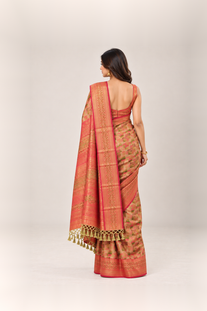 Coral Peach & Multicolour Woven Silk Saree