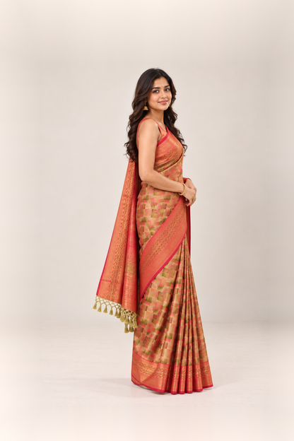 Coral Peach & Multicolour Woven Silk Saree