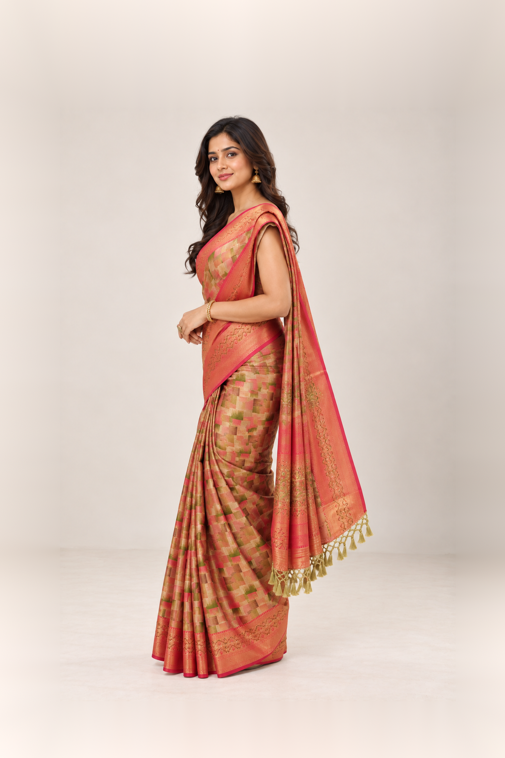 Coral Peach & Multicolour Woven Silk Saree