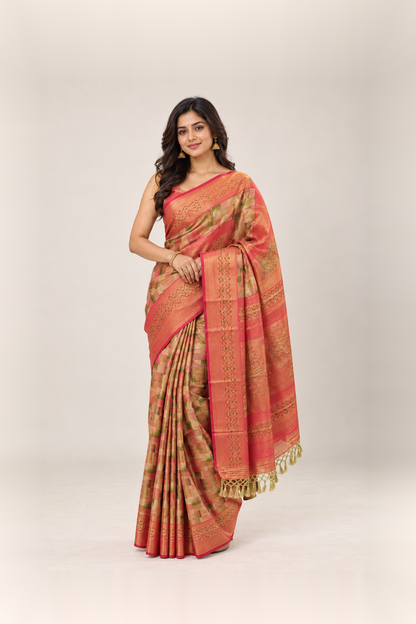 Coral Peach & Multicolour Woven Silk Saree