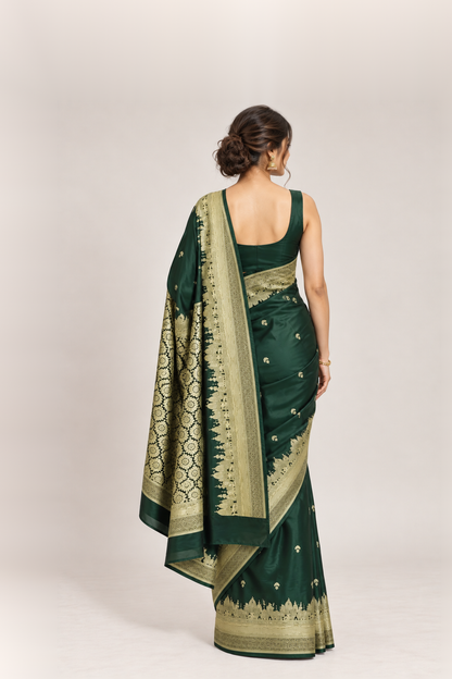 Deep Bottle Green & Antique Gold Banarasi Silk Saree